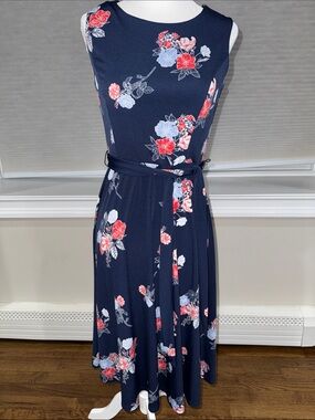 Charter Club Navy Floral Midi Dress with Belt